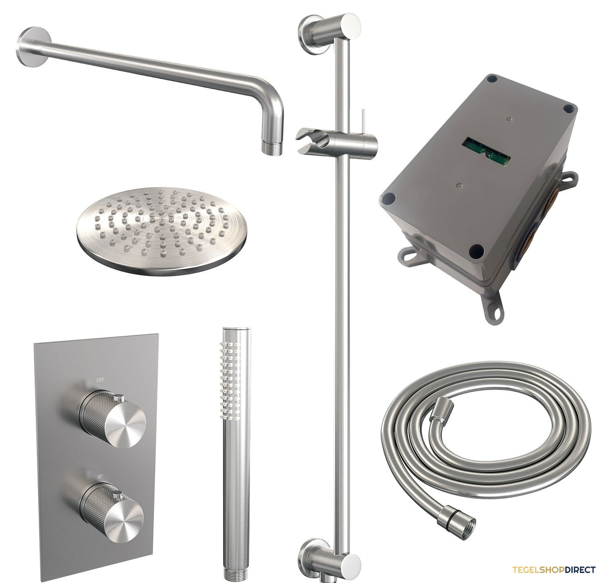 Regendoucheset Inbouw Brauer Brushed Carving Thermostatisch 20cm met 3-Weg Omstelling, Gebogen Wandarm, Glijstang en Staaf Handdouche Geborsteld RVS – afbeelding 3
