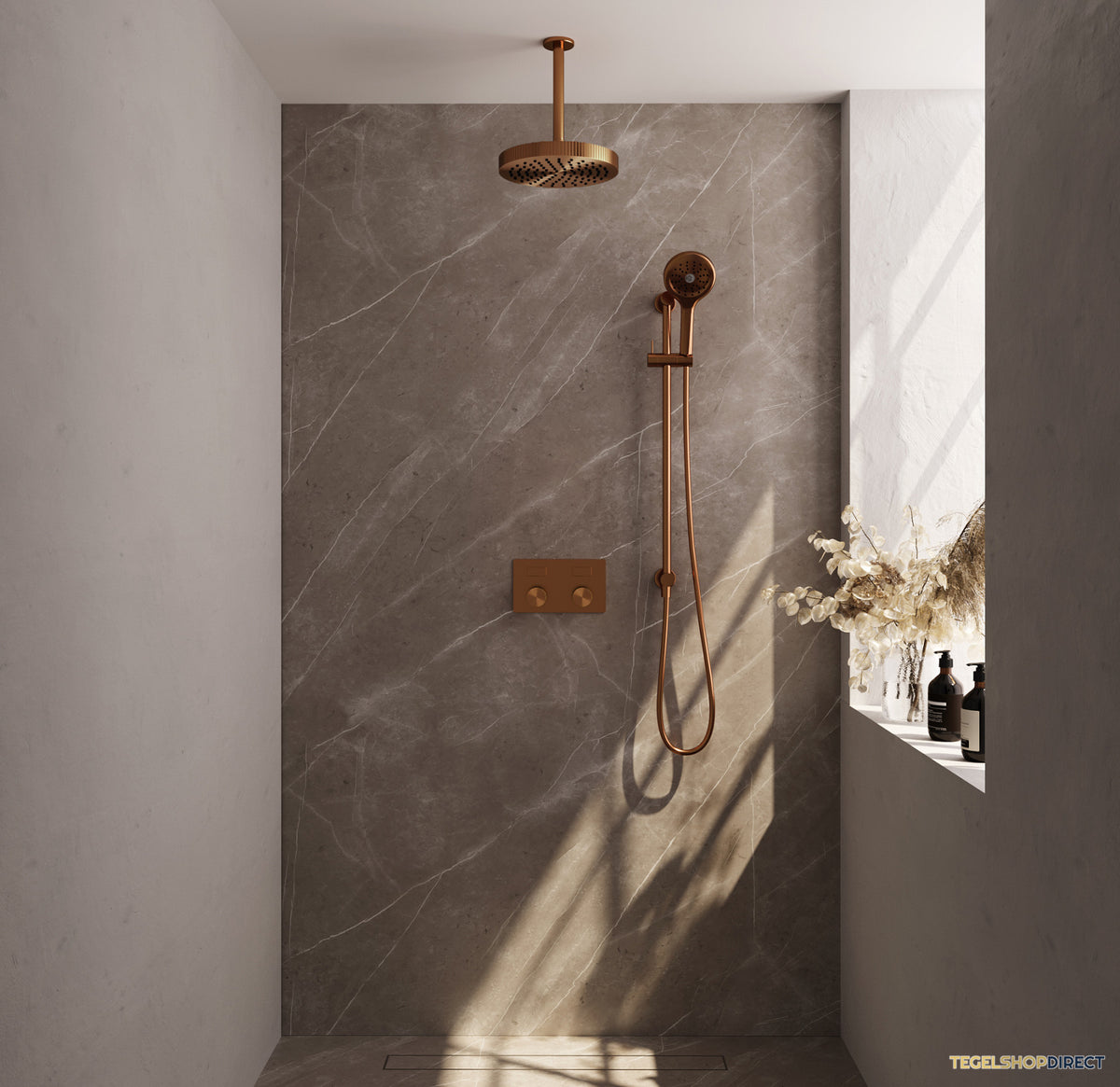 Brauer Stripe thermostatische inbouw regendouche met drukknoppen SET 36 met 25 cm douchekop en plafondarm en 3-standen handdouche en doucheslang en geintegreerde glijstang koper geborsteld PVD – afbeelding 2