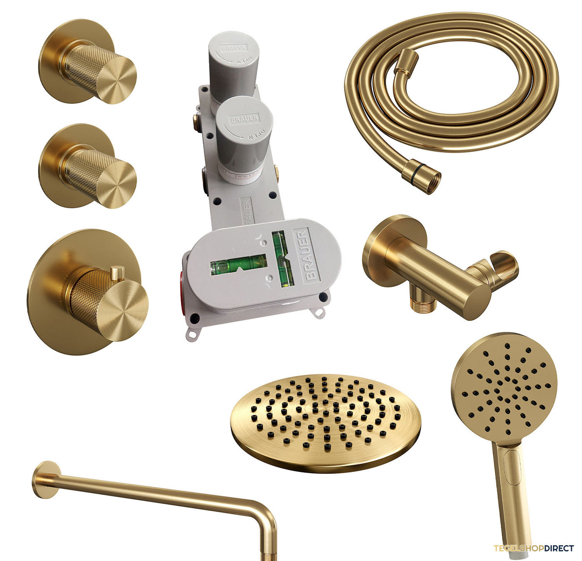 Regendoucheset Inbouw Brauer Gold Carving Thermostatisch 20cm met Gebogen Wandarm en Handdouche 3-Standen Losse Stopkranen Geborsteld Goud – afbeelding 4