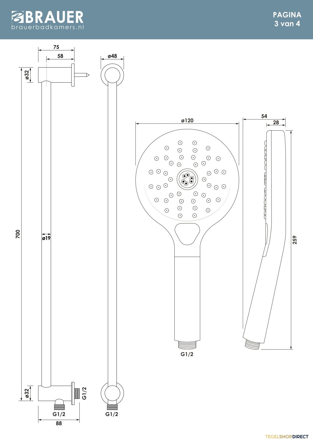 Brauer Stripe thermostatische inbouw regendouche 3-weg rechthoekig SET 23 met 25 cm douchekop en gebogen muurarm en 3-standen handdouche en doucheslang en geintegreerde glijstang koper geborsteld PVD – afbeelding 11
