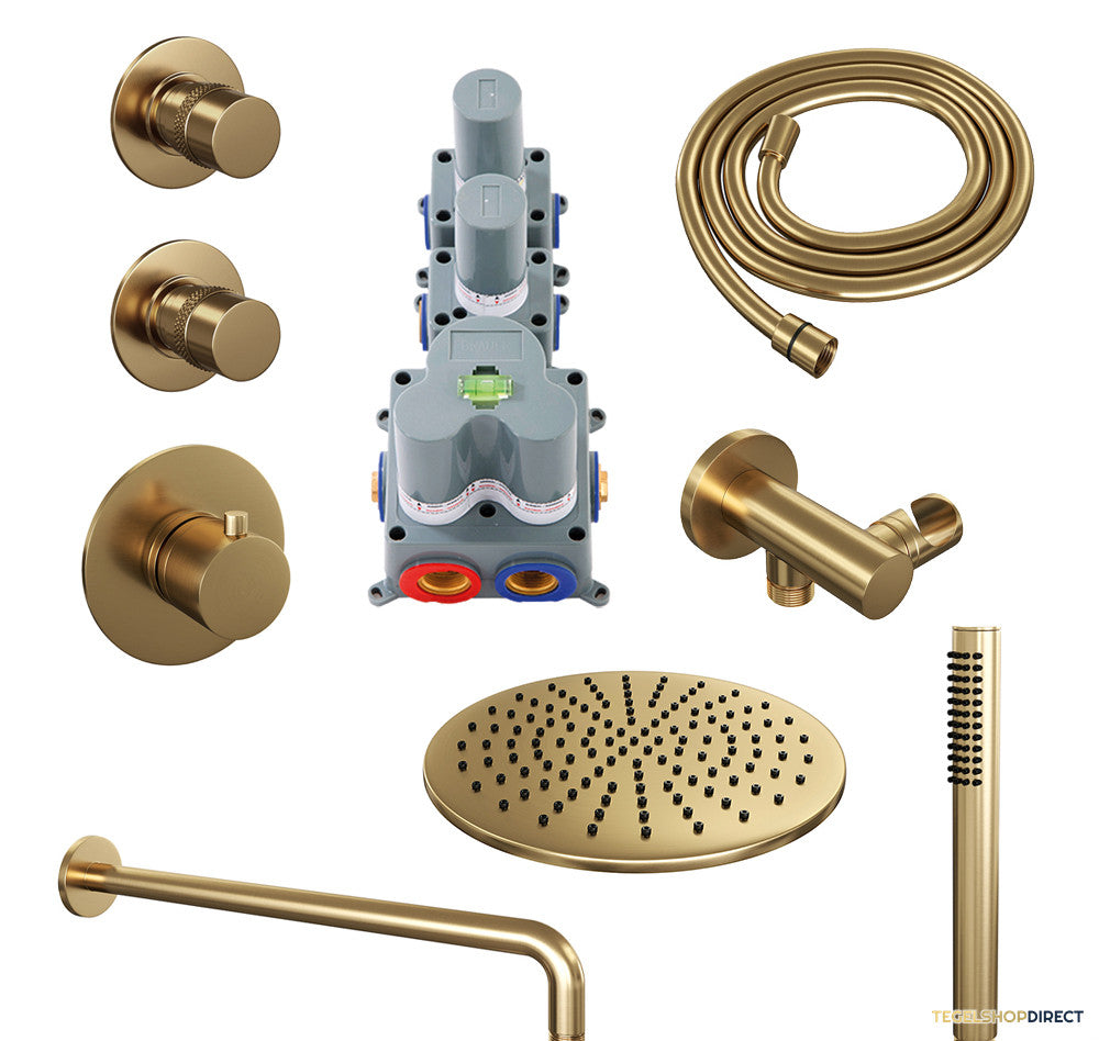 Regendoucheset Inbouw Brauer Gold Edition Thermostatisch 30cm met Gebogen Wandarm en Handdouche Staaf Losse Stopkranen Geborsteld Goud – afbeelding 2