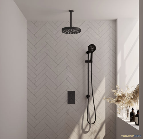 Brauer Stripe thermostatische inbouw regendouche 3-weg rechthoekig SET 24 met 25 cm douchekop en plafondarm en 3-standen handdouche en doucheslang en geintegreerde glijstang mat zwart