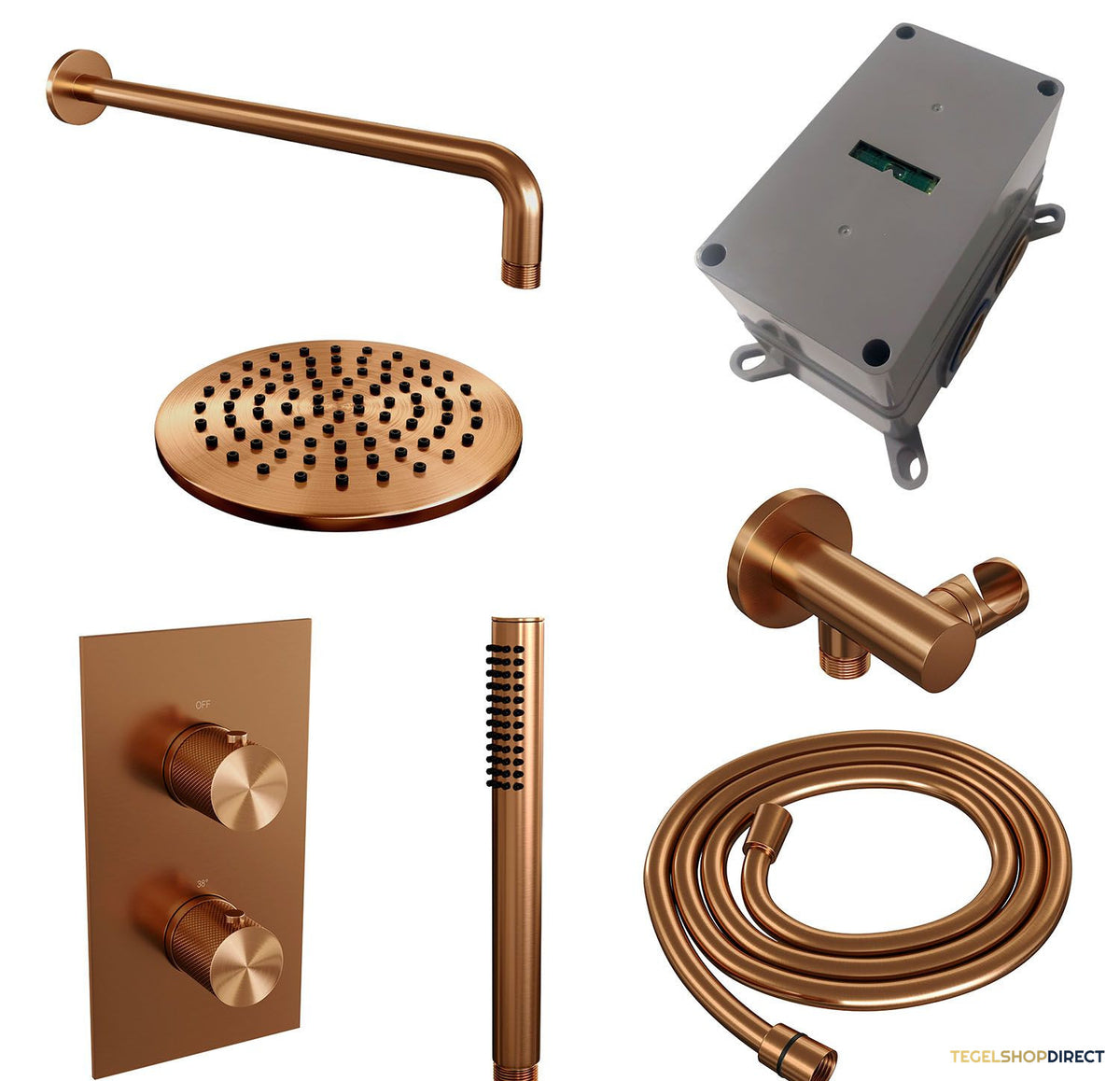 Regendoucheset Inbouw Brauer Copper Carving Thermostatisch 20cm met 3-Weg Omstelling, Gebogen Wandarm en Staaf Handdouche Geborsteld Koper – afbeelding 3