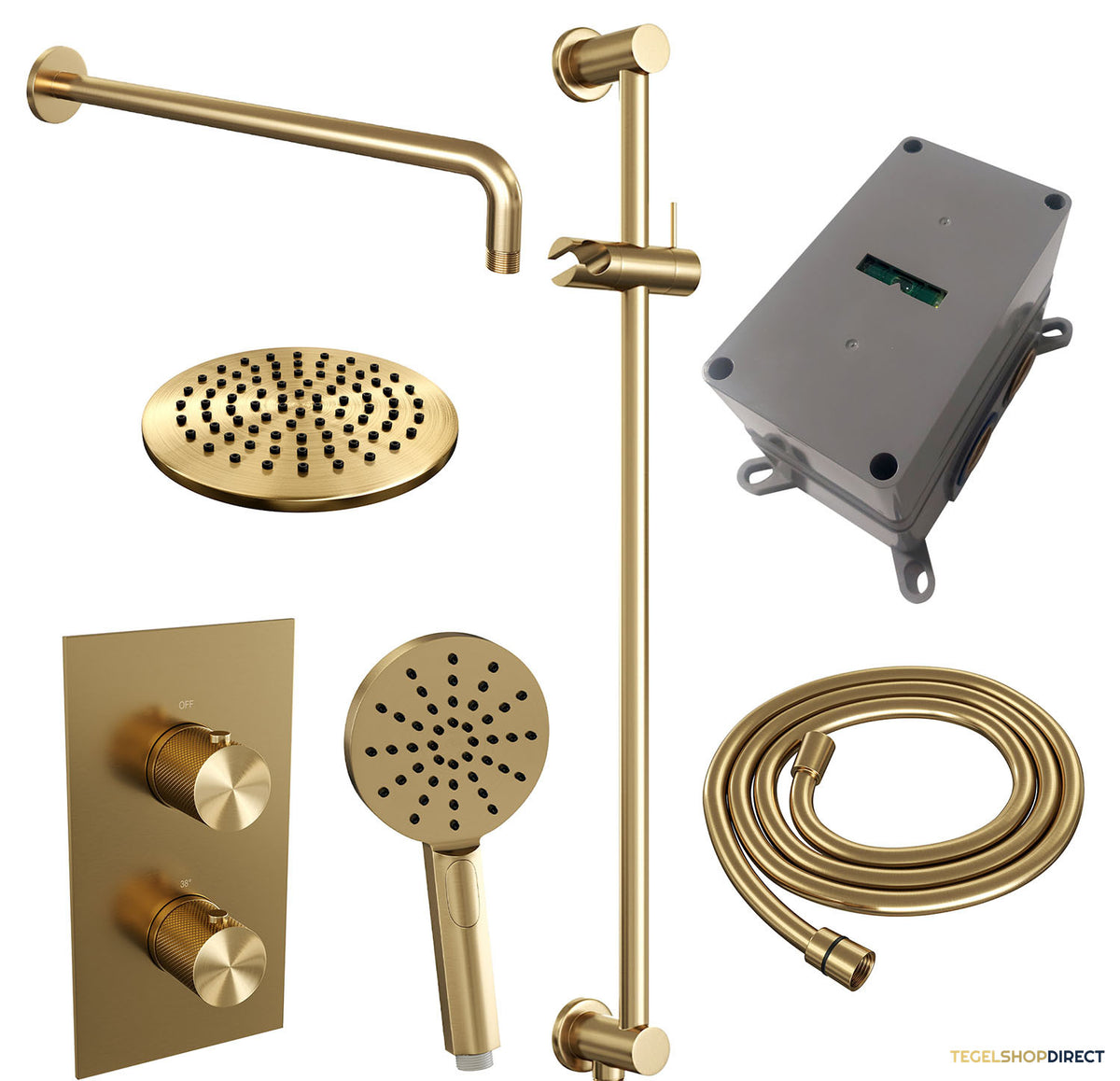 Regendoucheset Inbouw Brauer Gold Carving Thermostatisch 20cm met 3-Weg Omstelling, Gebogen Wandarm, Glijstang en Handdouche 3-Standen Geborsteld Goud – afbeelding 4