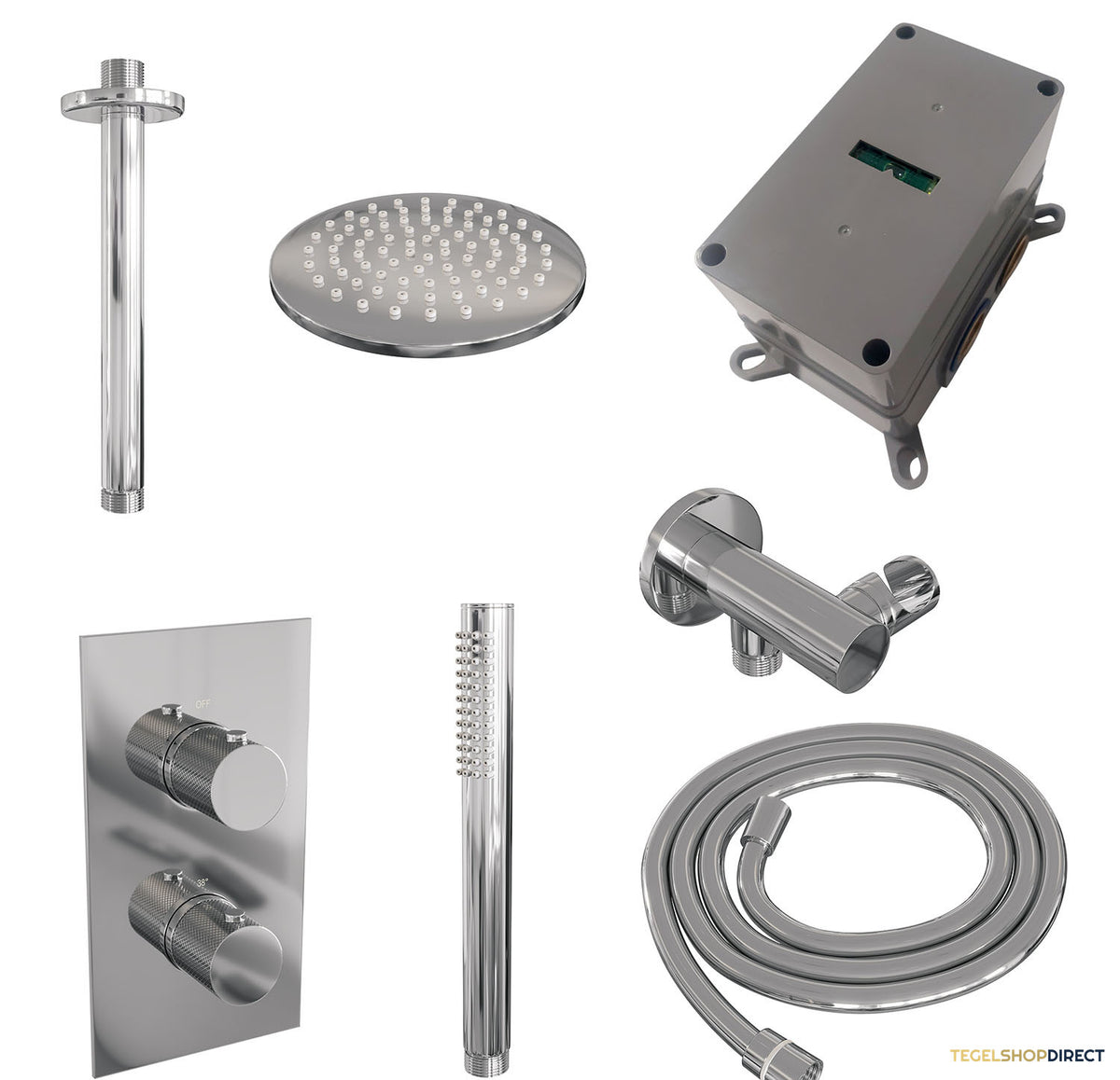 Regendoucheset Inbouw Brauer Chrome Carving Thermostatisch 20cm met 3-Weg Omstelling, Plafondarm en Staaf Handdouche Chroom – afbeelding 4