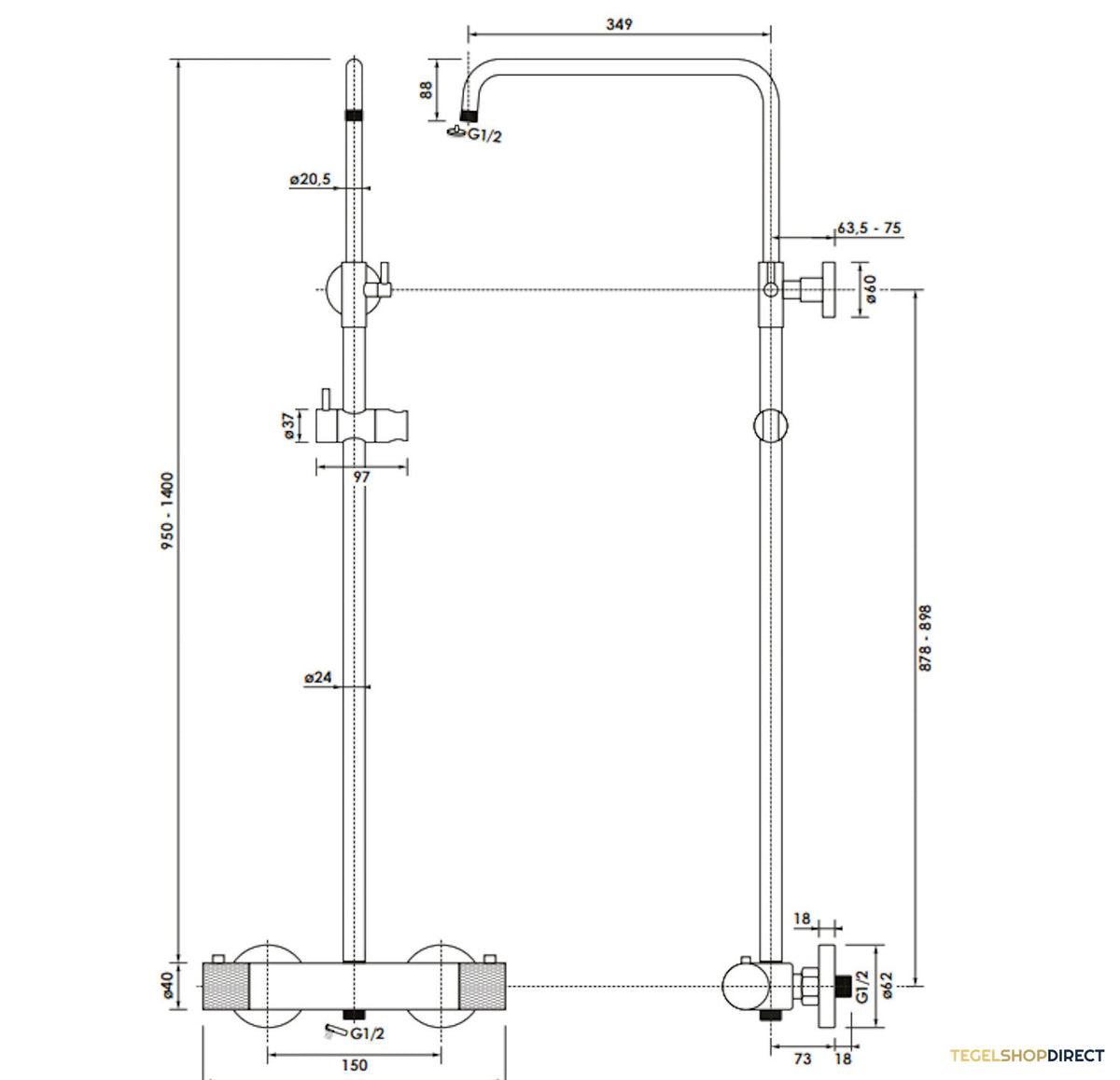 Regendoucheset Opbouw Brauer Brushed Carving 30 cm Thermostatisch met Staaf Handdouche Geborsteld RVS – afbeelding 9