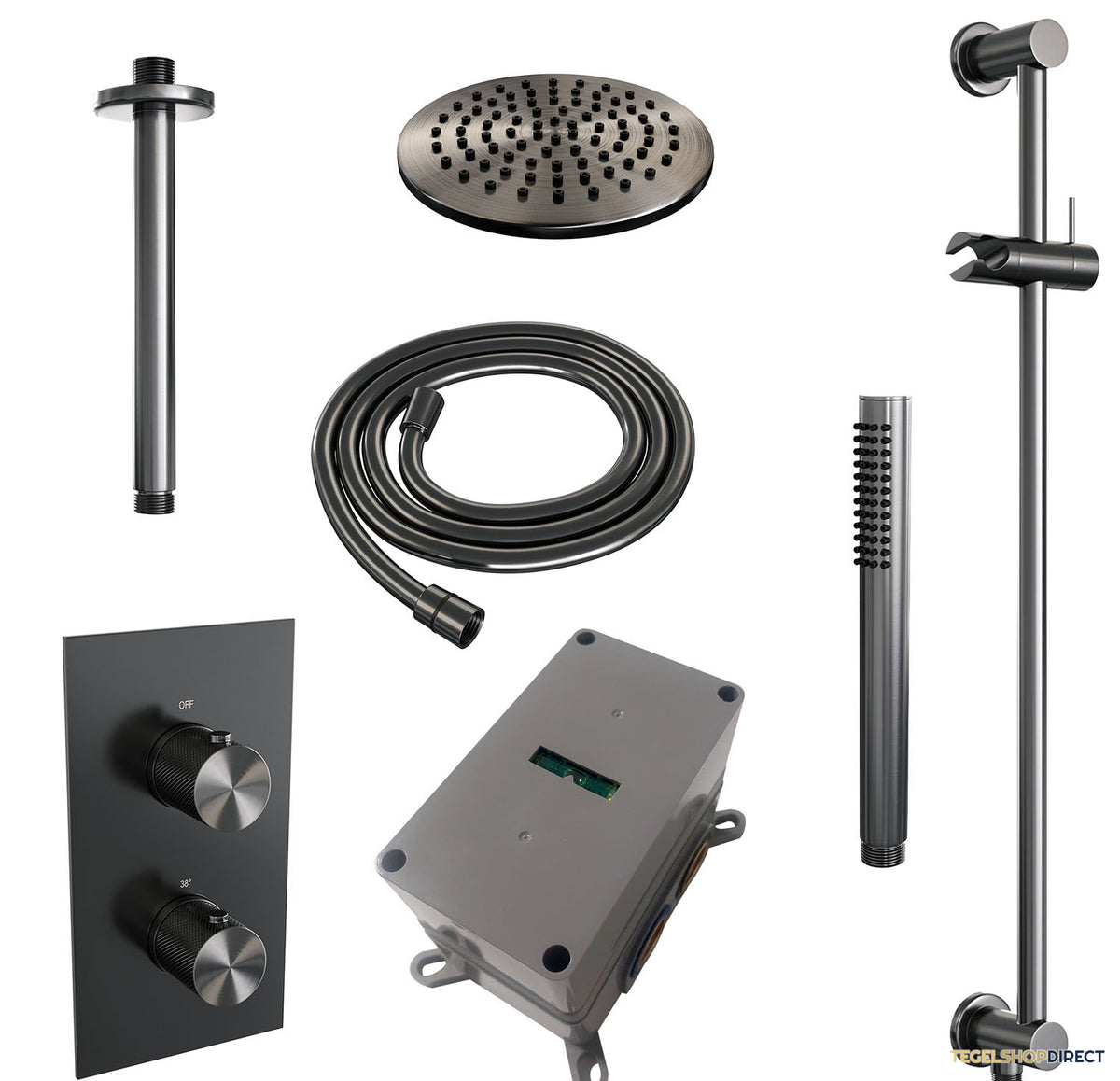 Regendoucheset Inbouw Brauer Gunmetal Carving Thermostatisch 20cm met 3-Weg Omstelling, Plafondarm, Glijstang en Staaf Handdouche Geborsteld Gunmetal – afbeelding 4