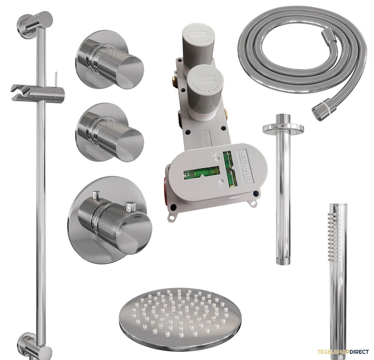 Regendoucheset Inbouw Brauer Chrome Carving Thermostatisch 20cm met Plafondarm, Glijstang en Handdouche Staaf Losse Stopkranen Chroom – afbeelding 4