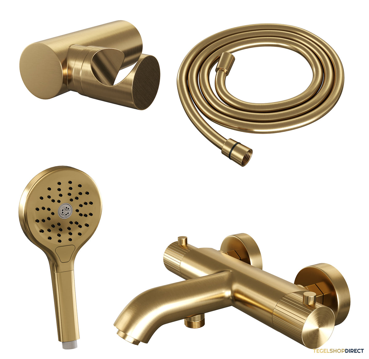 Brauer Stripe opbouw baddouche thermostaatkraan SET 04 met wandhouder en 3-standen handdouche en doucheslang goud geborsteld PVD – afbeelding 2
