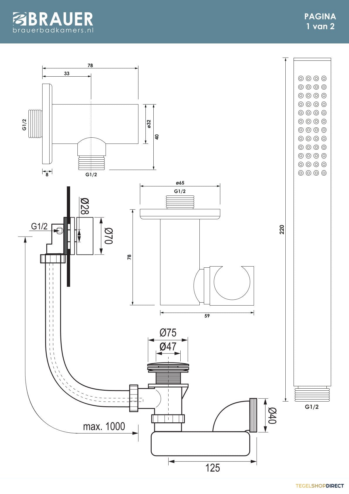 Brauer Stripe thermostatische inbouw badkraan SET 01 met badvulcombinatie en staaf handdouche en doucheslang en wandaansluitbocht goud geborsteld PVD – afbeelding 9