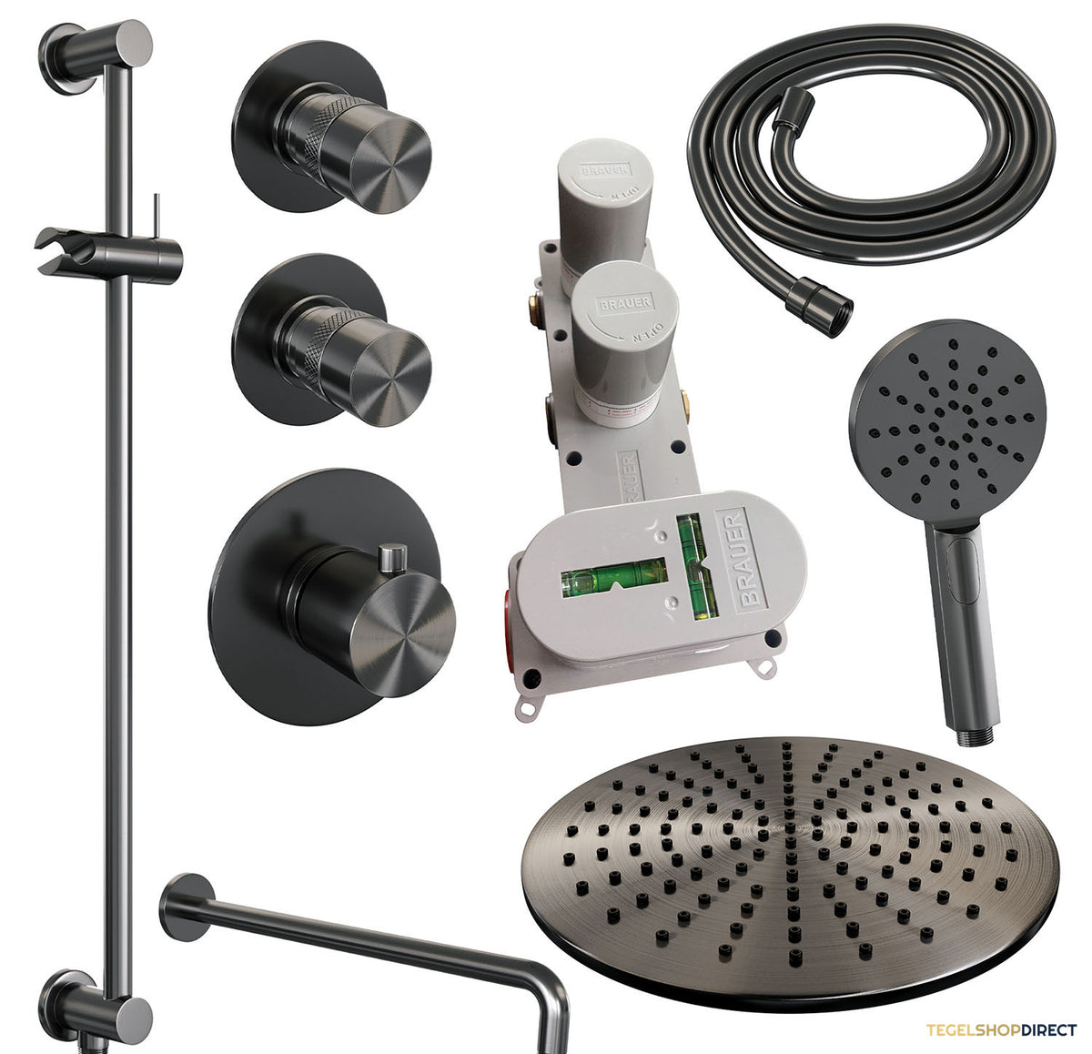 Regendoucheset Inbouw Brauer Gunmetal Edition Thermostatisch 30cm met Gebogen Wandarm, Glijstang en Handdouche 3-Standen Geborsteld Gunmetal – afbeelding 3
