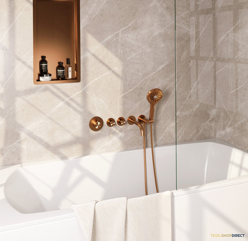 Brauer Stripe thermostatische inbouw badkraan SET 02 met uitloop en 3-standen handdouche en doucheslang en wandaansluitbocht koper geborsteld PVD