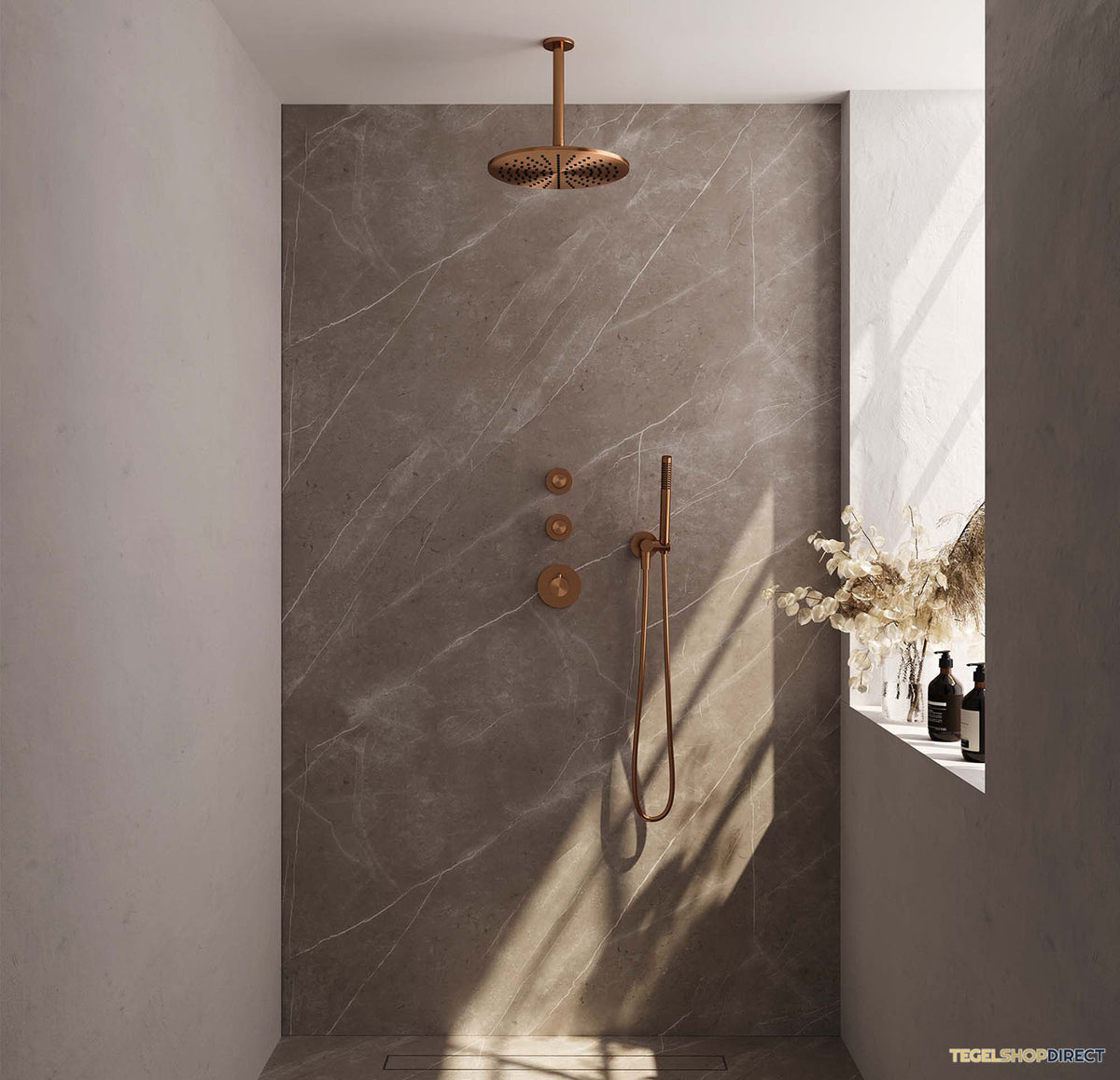 Regendoucheset Inbouw Brauer Copper Carving Thermostatisch 30cm met Plafondarm en Handdouche Staaf Losse Stopkranen Geborsteld Koper – afbeelding 2