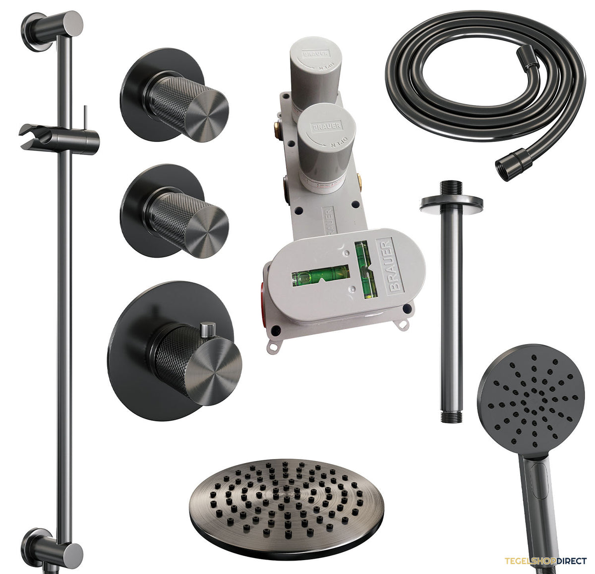 Regendoucheset Inbouw Brauer Gunmetal Carving Thermostatisch 20cm met Plafondarm, Glijstang en Handdouche 3-Standen Losse Stopkranen Geborsteld Gunmetal – afbeelding 4