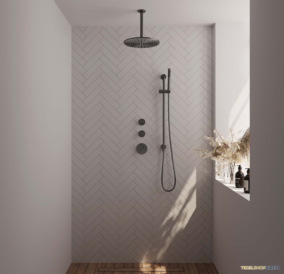 Regendoucheset Inbouw Brauer Gunmetal Edition Thermostatisch 30cm met Plafondarm, Glijstang en Handdouche Staaf Losse Stopkranen Geborsteld Gunmetal – afbeelding 2