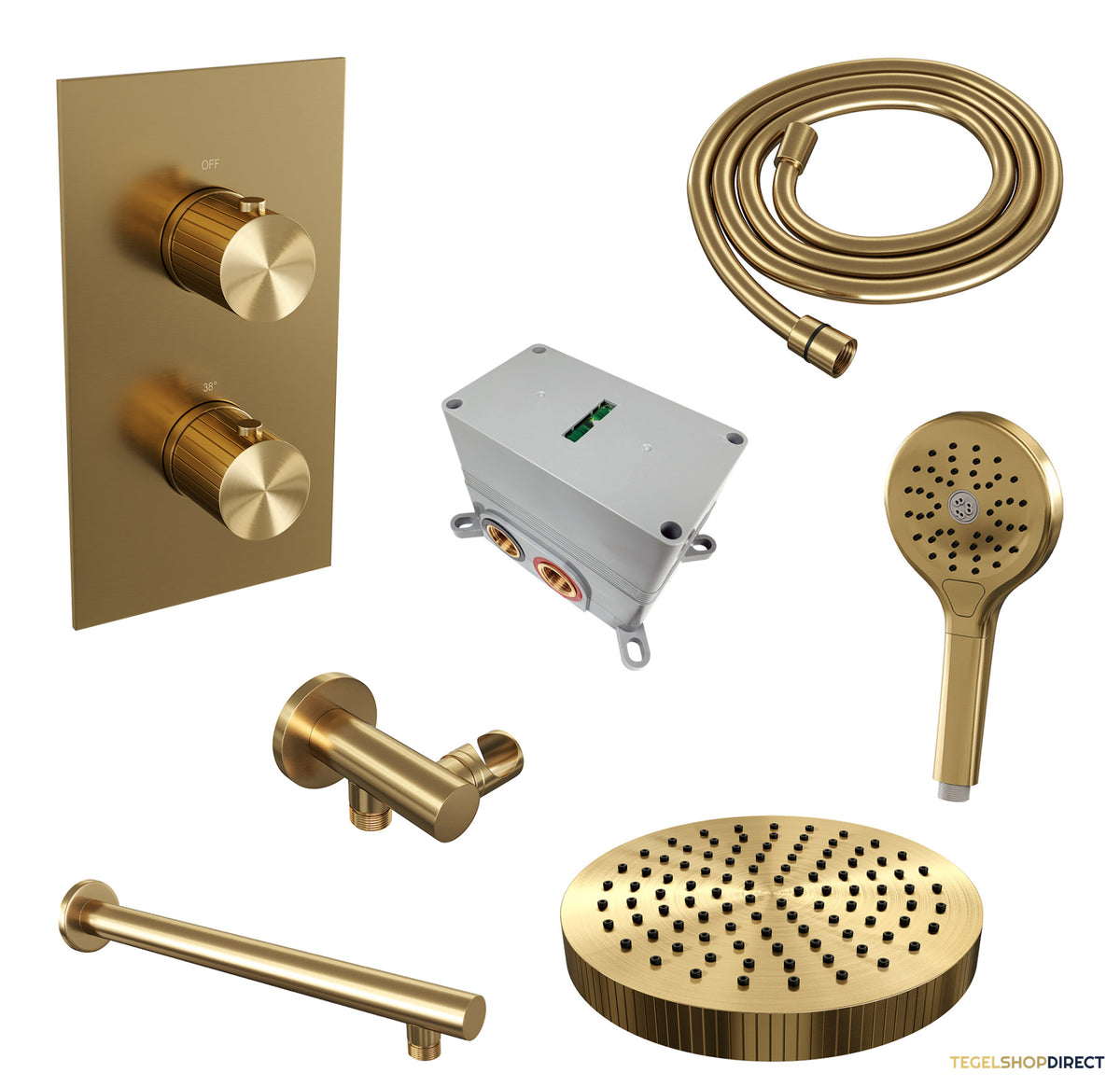 Brauer Stripe thermostatische inbouw regendouche 3-weg rechthoekig SET 16 met 25 cm douchekop en rechte muurarm en 3-standen handdouche en doucheslang en wandaansluitbocht goud geborsteld PVD – afbeelding 3