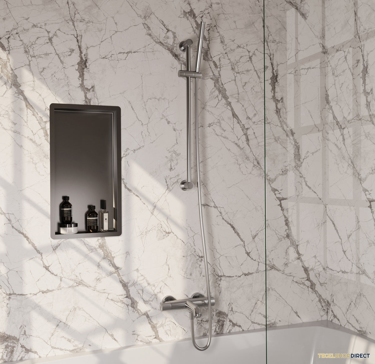 Brauer Stripe opbouw baddouche thermostaatkraan SET 01 met glijstang en staaf handdouche en doucheslang RVS-kleurig geborsteld PVD