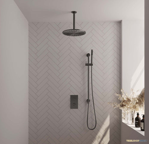 Regendoucheset Inbouw Brauer Gunmetal Carving Thermostatisch 30cm met 3-Weg Omstelling, Plafondarm, Glijstang en Staaf Handdouche Geborsteld Gunmetal