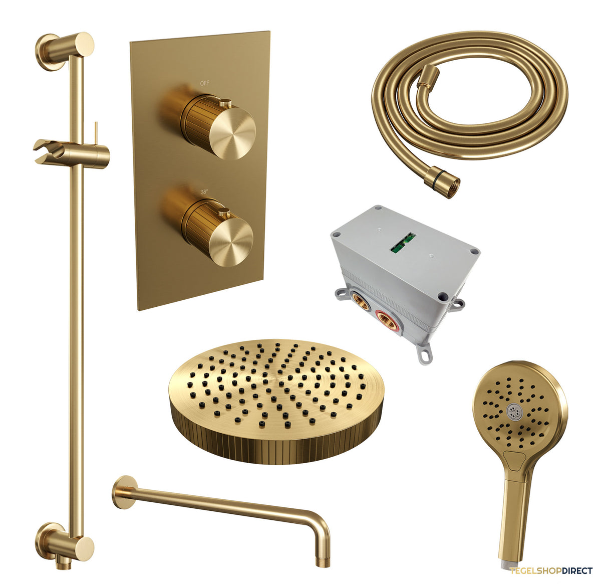 Brauer Stripe thermostatische inbouw regendouche 3-weg rechthoekig SET 23 met 25 cm douchekop en gebogen muurarm en 3-standen handdouche en doucheslang en geintegreerde glijstang goud geborsteld PVD – afbeelding 3