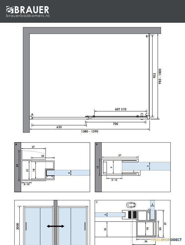 BRAUER Season douchecabine model B met schuifdeur helder glas 140x100x200 omkeerbaar incl. glascoating Season-RVS-kleurig – afbeelding 4