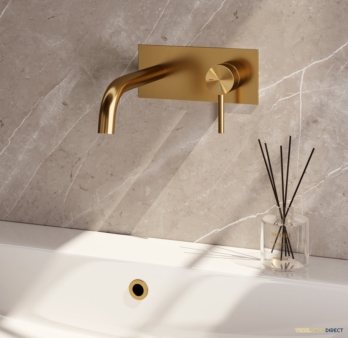 Brauer Stripe inbouw wastafelmengkraan met gebogen uitloop en afdekplaat model A1 goud geborsteld PVD – afbeelding 2