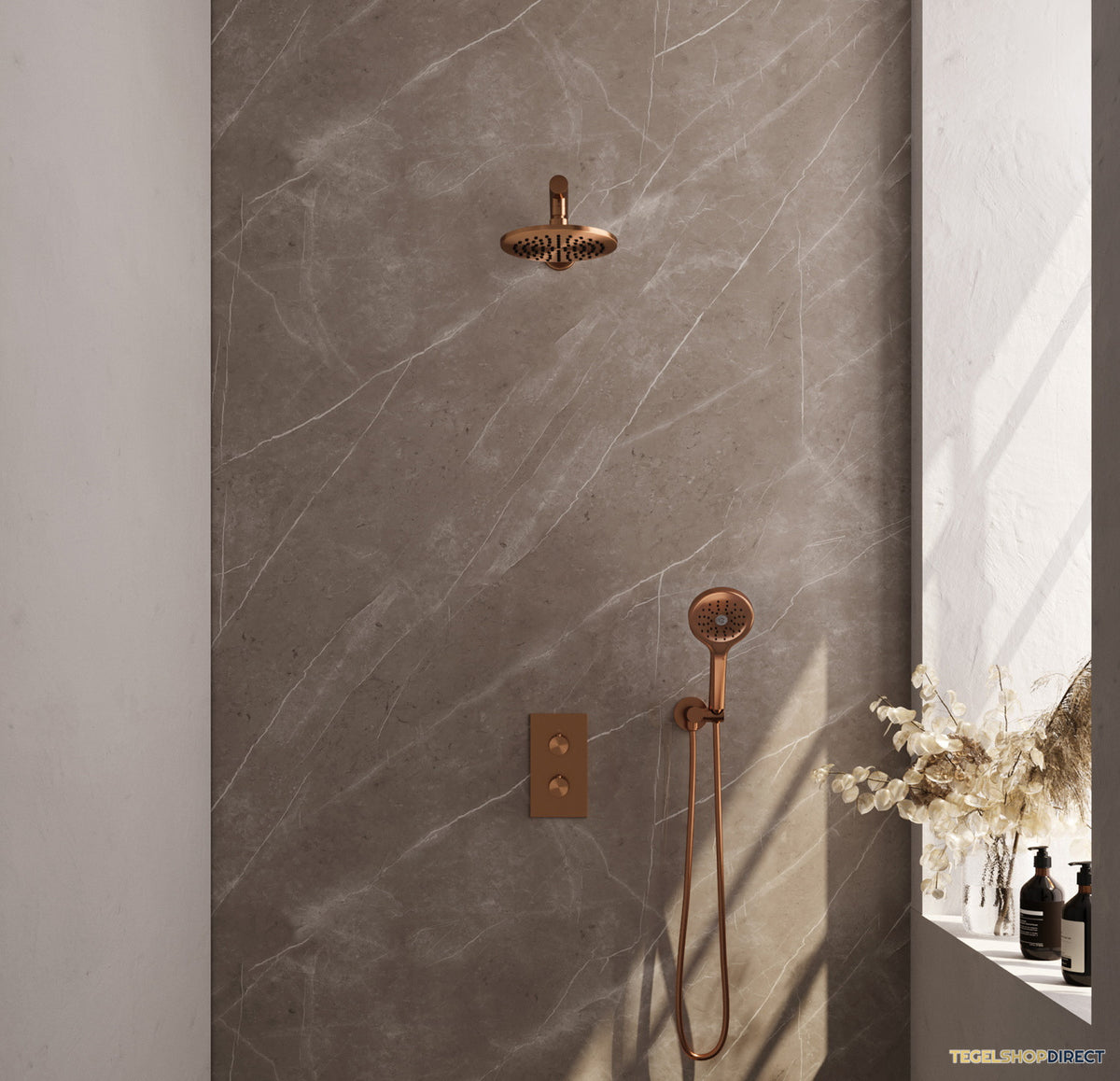 Regendoucheset Inbouw Brauer Copper Carving Thermostatisch 20cm met 3-Weg Omstelling, Wandarm en 3-Standen Handdouche Geborsteld Koper