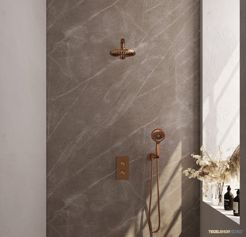 Regendoucheset Inbouw Brauer Copper Carving Thermostatisch 20cm met 3-Weg Omstelling, Wandarm en 3-Standen Handdouche Geborsteld Koper