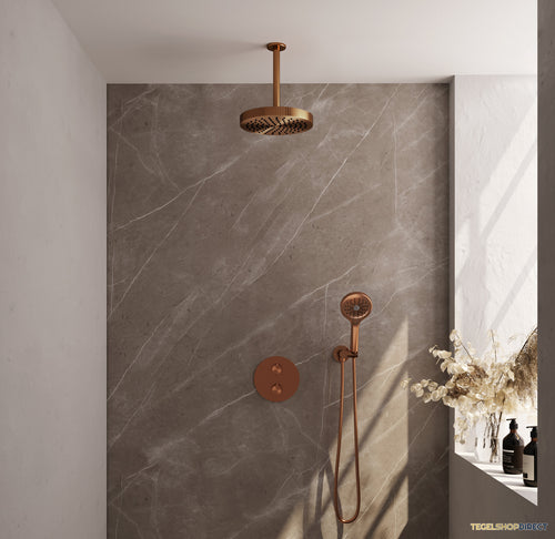 Brauer Stripe thermostatische inbouw regendouche 3-weg rond SET 42 met 25 cm douchekop en plafondarm en 3-standen handdouche en doucheslang en wandaansluitbocht koper geborsteld PVD