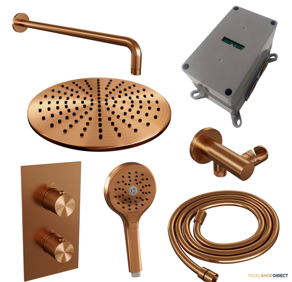 Regendoucheset Inbouw Brauer Copper Carving Thermostatisch 30cm met 3-Weg Omstelling, Gebogen Wandarm en 3-Standen Handdouche Geborsteld Koper – afbeelding 8