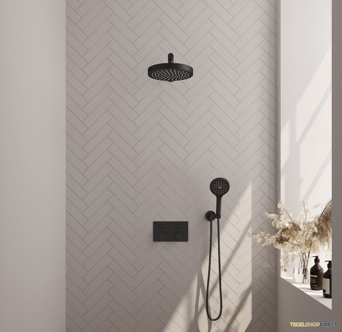 Brauer Stripe thermostatische inbouw regendouche met drukknoppen SET 28 met 25 cm douchekop en rechte muurarm en 3-standen handdouche en doucheslang en wandaansluitbocht mat zwart