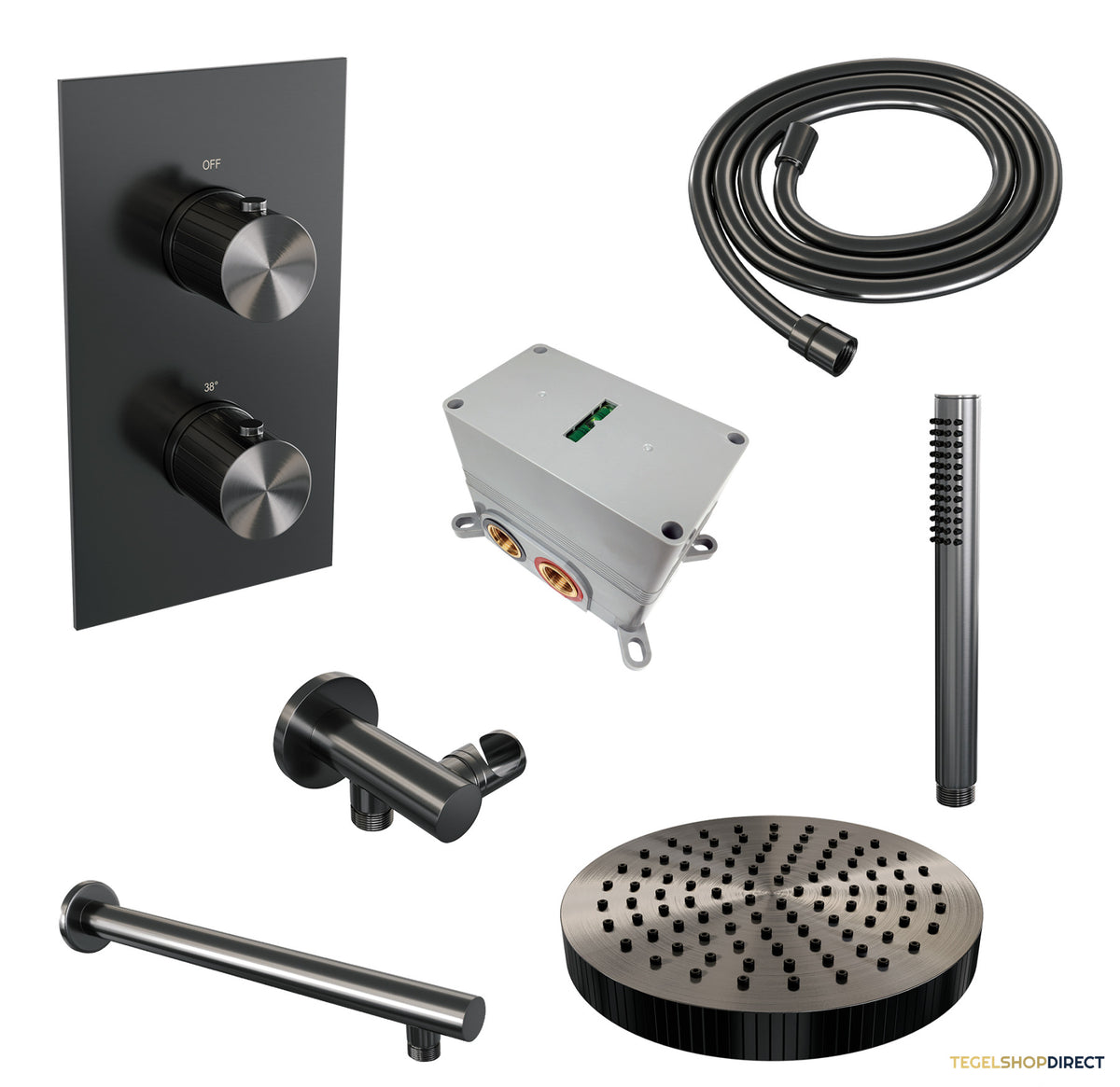 Brauer Stripe thermostatische inbouw regendouche 3-weg rechthoekig SET 13 met 25 cm douchekop en rechte muurarm en staaf handdouche en doucheslang en wandaansluitbocht gunmetal geborsteld PVD – afbeelding 3