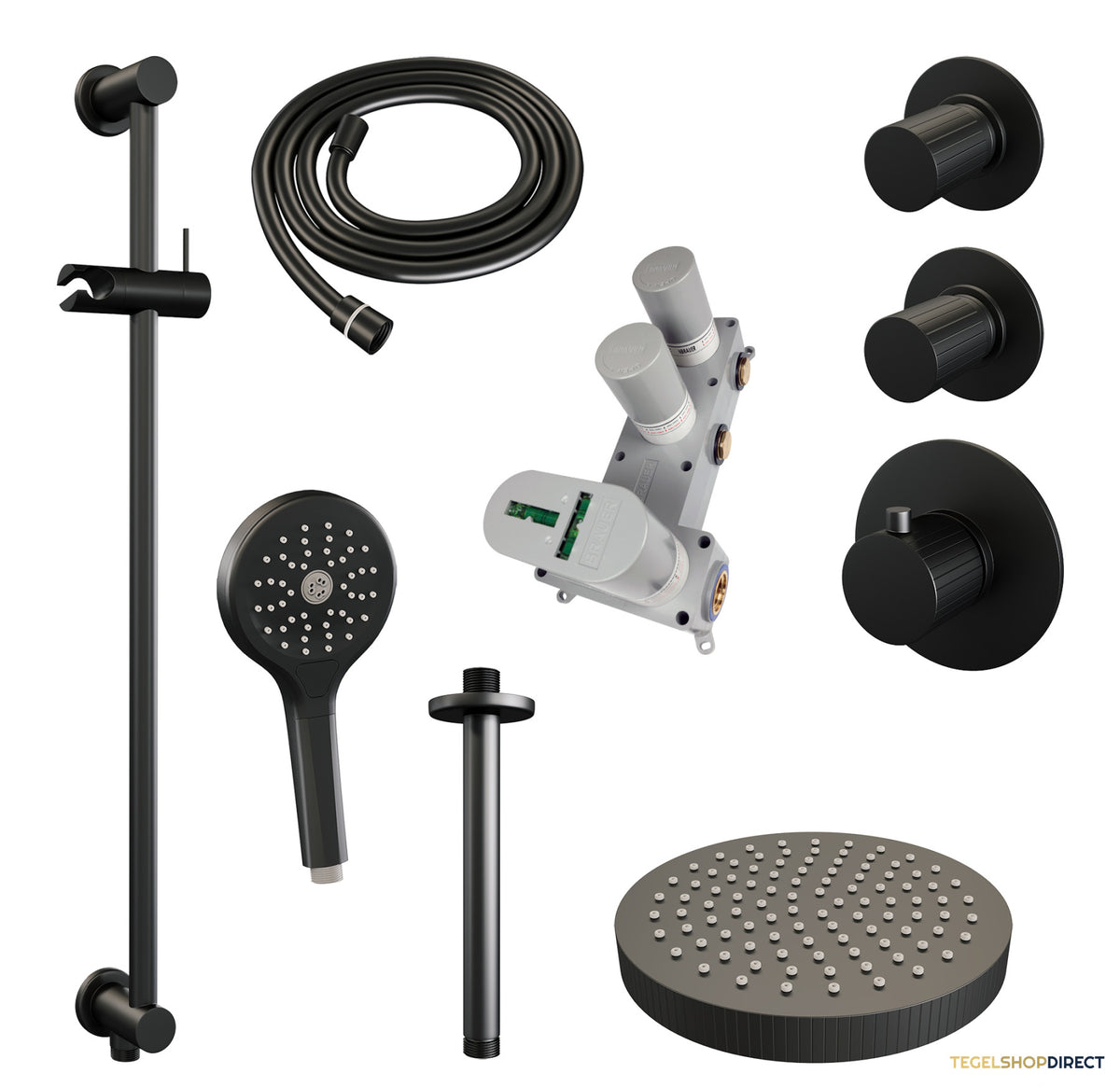 Brauer Stripe thermostatische inbouw regendouche SET 12 met 25 cm douchekop en plafondarm en 3-standen handdouche en doucheslang en geintegreerde glijstang mat zwart – afbeelding 3