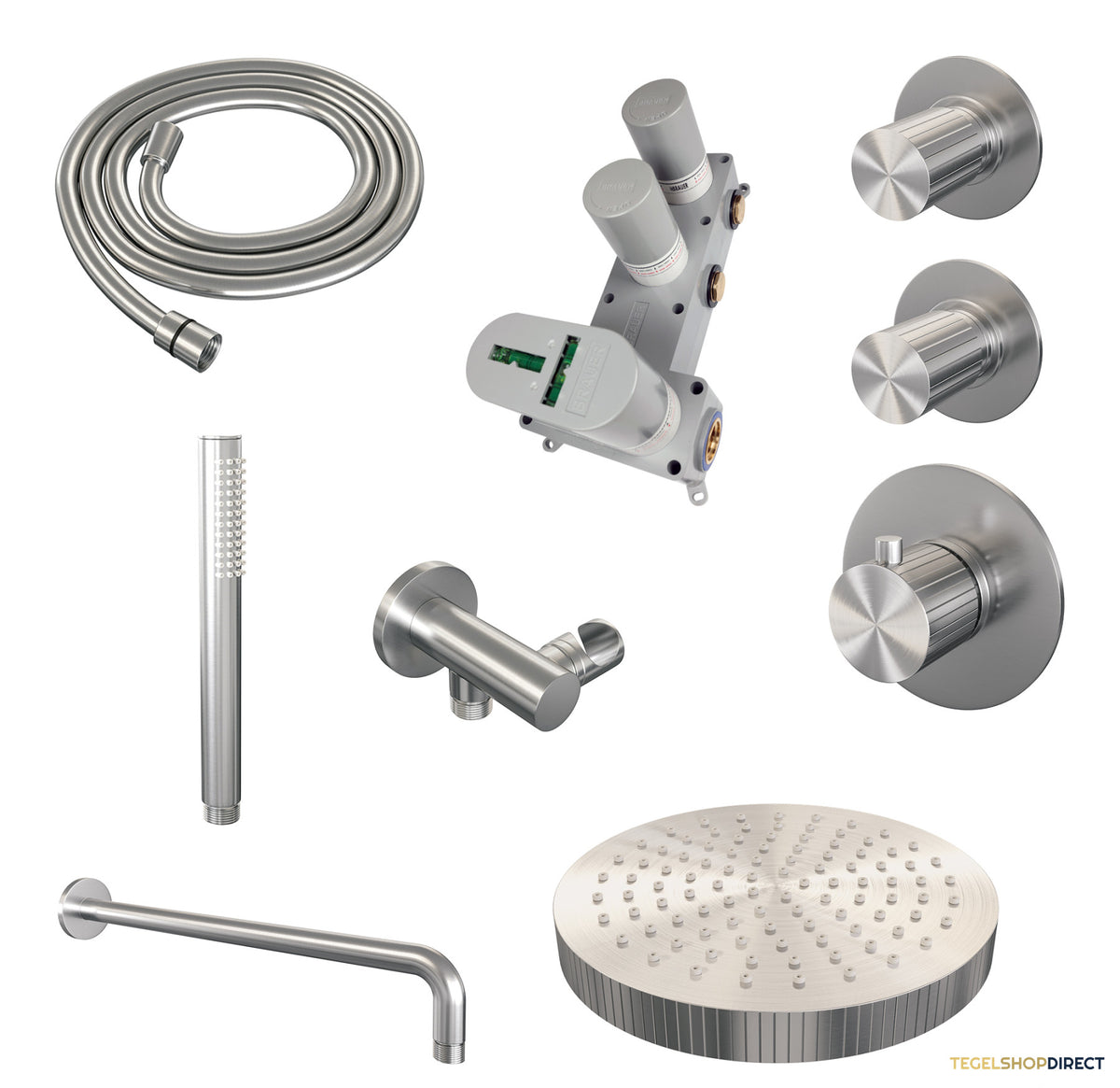 Brauer Stripe thermostatische inbouw regendouche SET 02 met 25 cm douchekop en gebogen muurarm en staaf handdouche en doucheslang en wandaansluitbocht RVS-kleurig geborsteld PVD – afbeelding 3