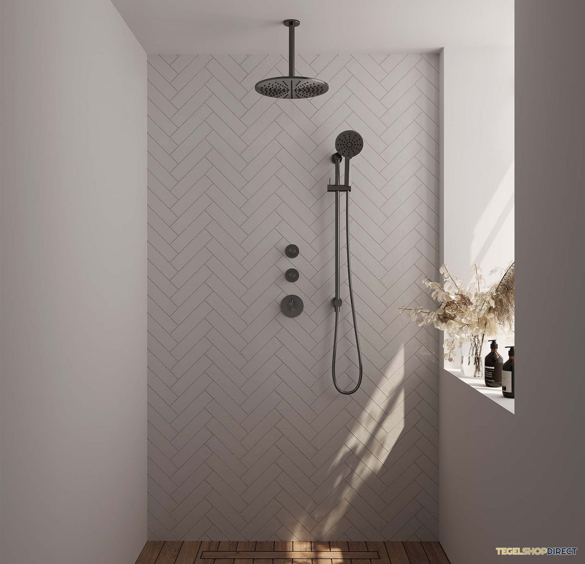 Regendoucheset Inbouw Brauer Gunmetal Edition Thermostatisch 30cm met Plafondarm, Glijstang en Handdouche 3-Standen Geborsteld Gunmetal – afbeelding 2