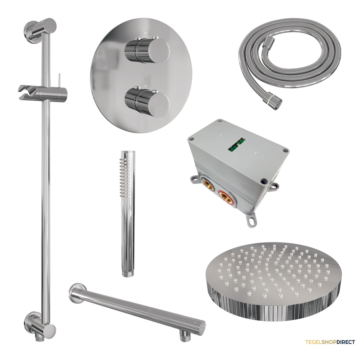 Brauer Stripe thermostatische inbouw regendouche 3-weg rond SET 43 met 25 cm douchekop en rechte muurarm en staaf handdouche en doucheslang en geintegreerde glijstang chroom – afbeelding 3