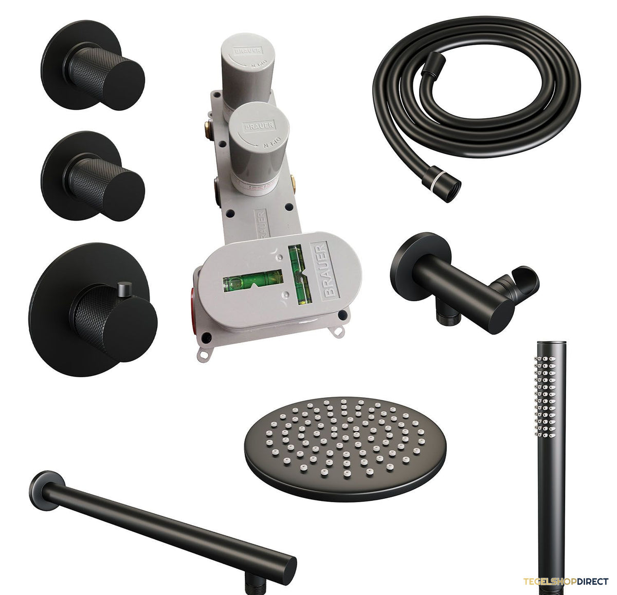 Regendoucheset Inbouw Brauer Black Carving Thermostatisch 20cm met Wandarm en Handdouche Staaf Losse Stopkranen Mat Zwart – afbeelding 3