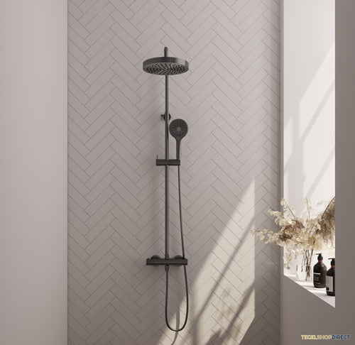 TWEEDEKANS - Brauer Stripe opbouw thermostatische regendouche SET 02 met 25 cm hoofddouche en 3-standen handdouche en doucheslang gunmetal geborsteld PVD