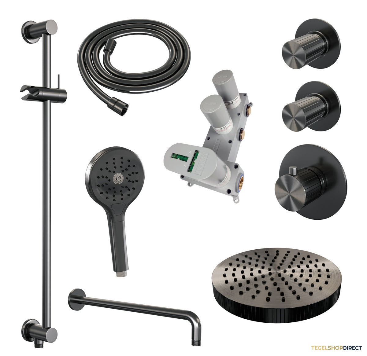 Brauer Stripe thermostatische inbouw regendouche SET 11 met 25 cm douchekop en gebogen muurarm en 3-standen handdouche en doucheslang en geintegreerde glijstang gunmetal geborsteld PVD