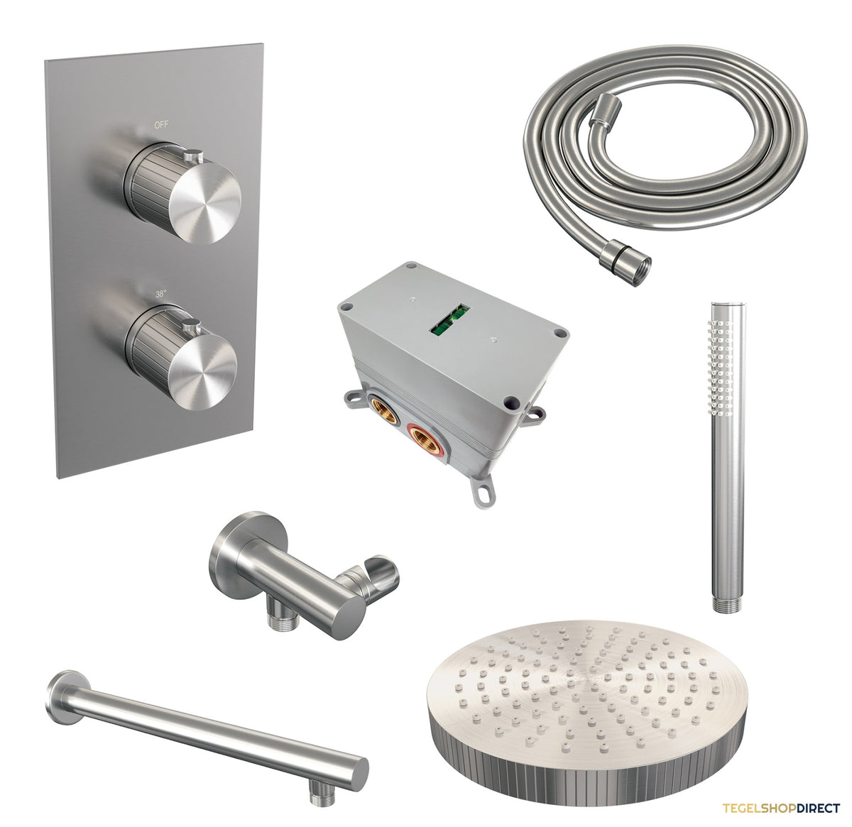 Brauer Stripe thermostatische inbouw regendouche 3-weg rechthoekig SET 13 met 25 cm douchekop en rechte muurarm en staaf handdouche en doucheslang en wandaansluitbocht RVS-kleurig geborsteld PVD – afbeelding 3