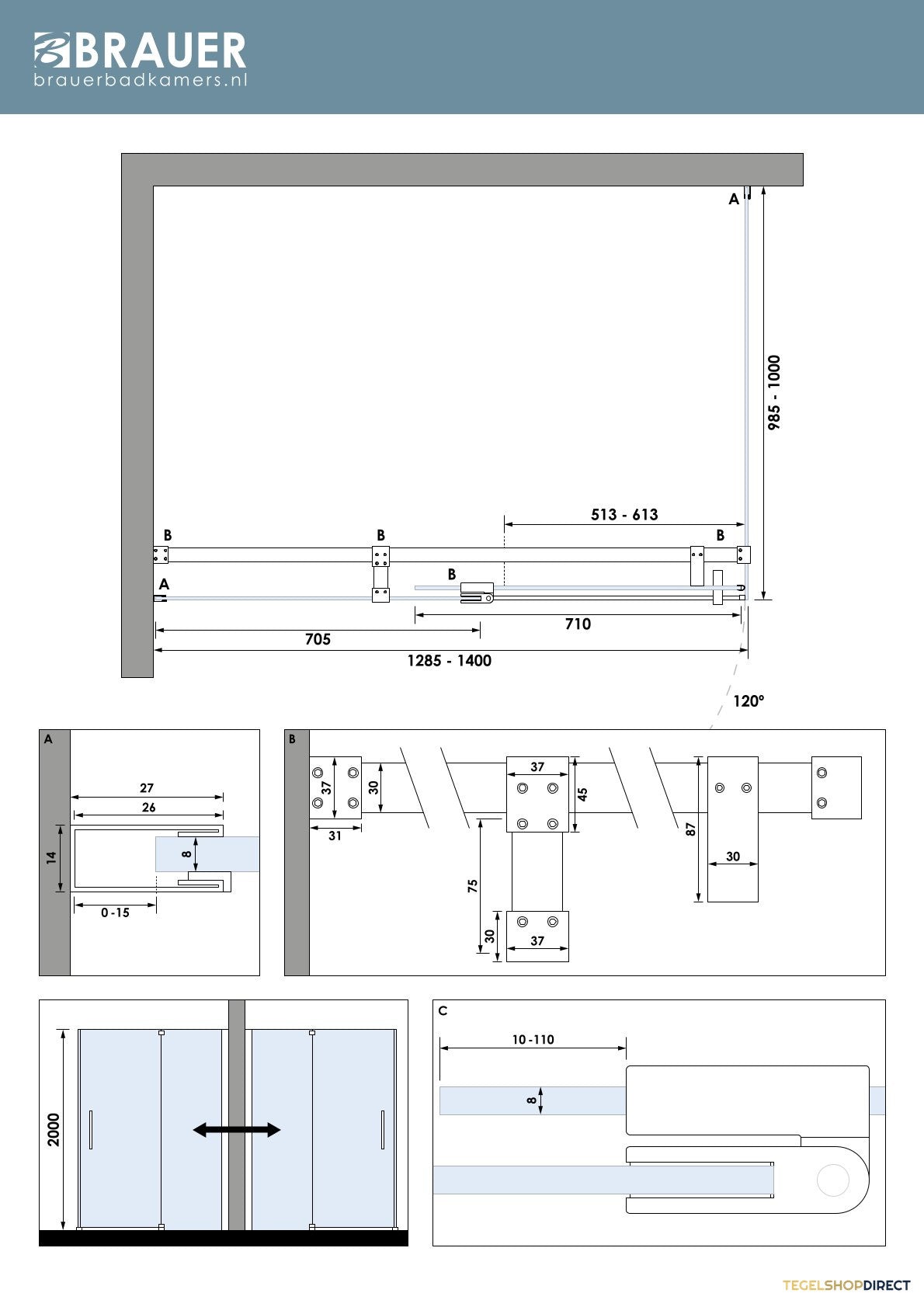 BRAUER Stellar douchecabine met draaideur helder glas 140x100x200 omkeerbaar incl. glascoating PVD koper geborsteld – afbeelding 7