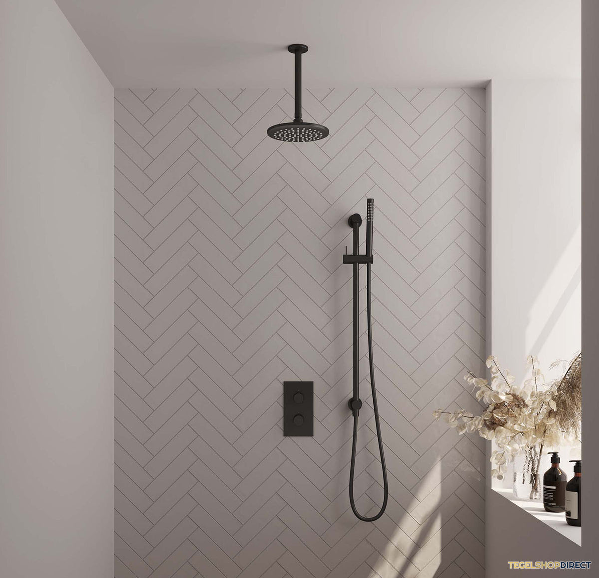 Inbouw Regendouche Set Brauer Black Edition Plafond Uitloop Ronde Hoofddouche 20 cm Met Glijstang Mat Zwart