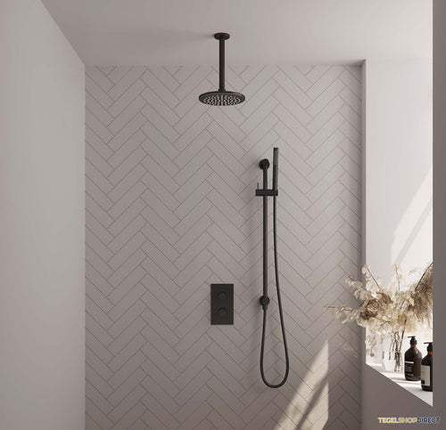 Inbouw Regendouche Set Brauer Black Edition Plafond Uitloop Ronde Hoofddouche 20 cm Met Glijstang Mat Zwart