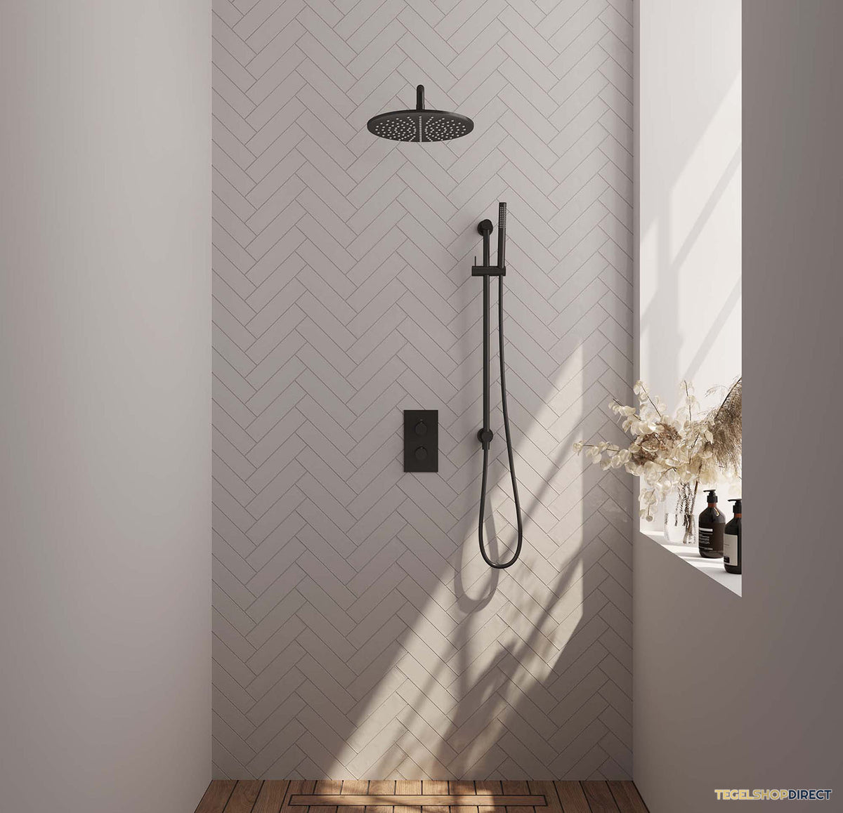 Regendoucheset Inbouw Brauer Black Carving Thermostatisch 30cm met 3-Weg Omstelling, Gebogen Wandarm, Glijstang en Staaf Handdouche Mat Zwart – afbeelding 2