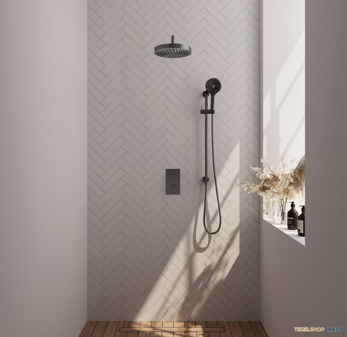 Brauer Stripe thermostatische inbouw regendouche 3-weg rechthoekig SET 23 met 25 cm douchekop en gebogen muurarm en 3-standen handdouche en doucheslang en geintegreerde glijstang gunmetal geborsteld PVD – afbeelding 2