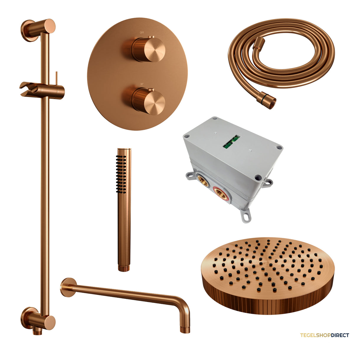 Brauer Stripe thermostatische inbouw regendouche 3-weg rond SET 44 met 25 cm douchekop en gebogen muurarm en staaf handdouche en doucheslang en geintegreerde glijstang koper geborsteld PVD – afbeelding 3