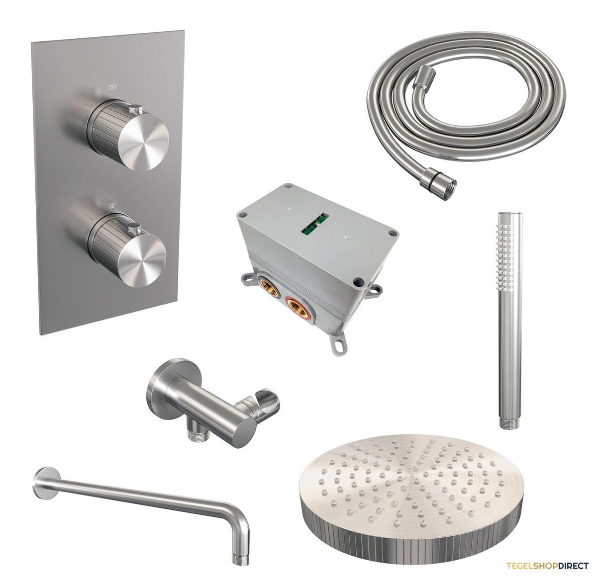 Brauer Stripe thermostatische inbouw regendouche 3-weg rechthoekig SET 14 met 25 cm douchekop en gebogen muurarm en staaf handdouche en doucheslang en wandaansluitbocht RVS-kleurig geborsteld PVD – afbeelding 3