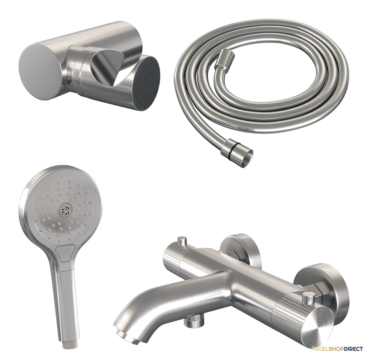 Brauer Stripe opbouw baddouche thermostaatkraan SET 04 met wandhouder en 3-standen handdouche en doucheslang RVS-kleurig geborsteld PVD – afbeelding 2