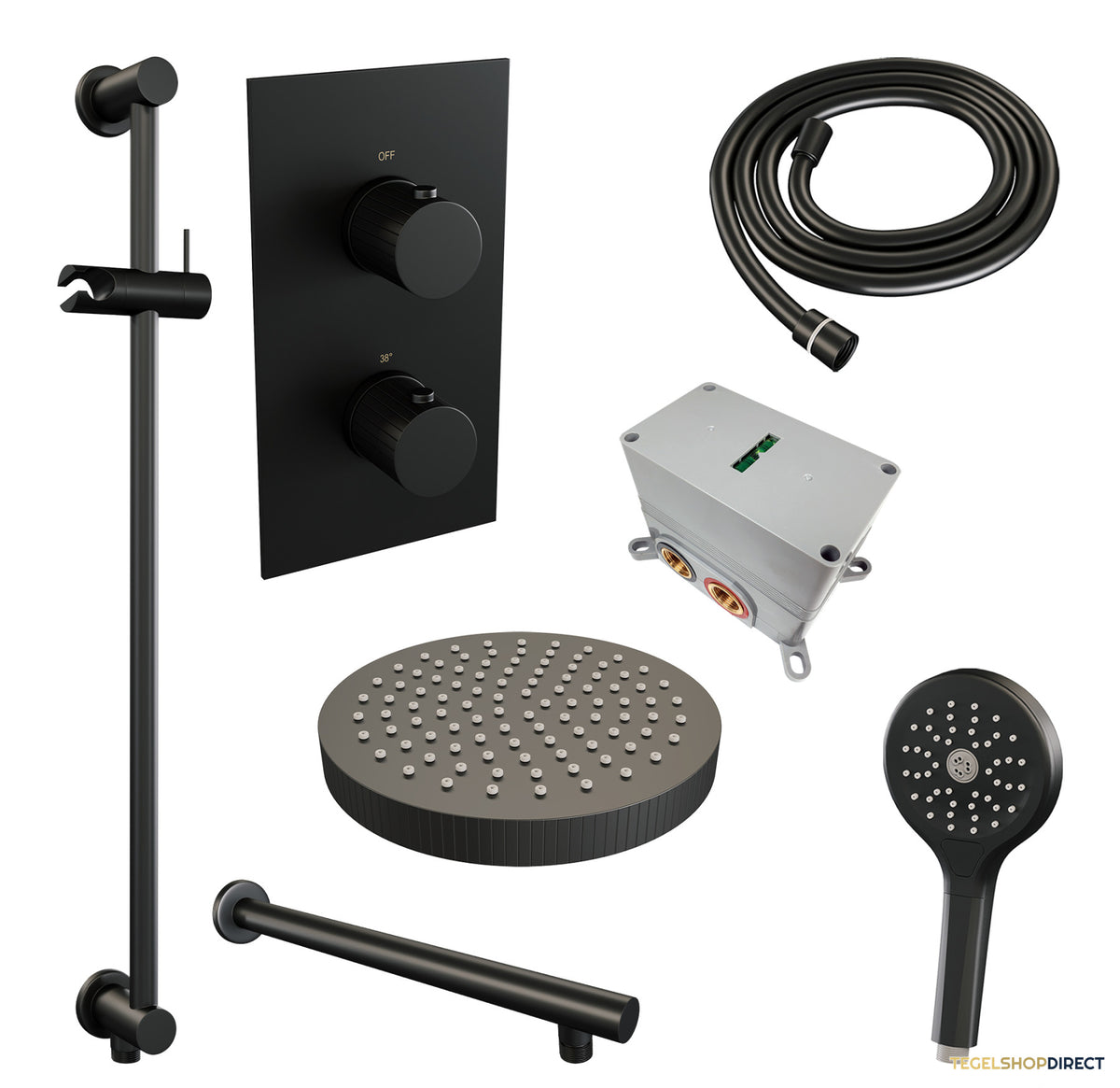 Brauer Stripe thermostatische inbouw regendouche 3-weg rechthoekig SET 22 met 25 cm douchekop en rechte muurarm en 3-standen handdouche en doucheslang en geintegreerde glijstang mat zwart – afbeelding 3