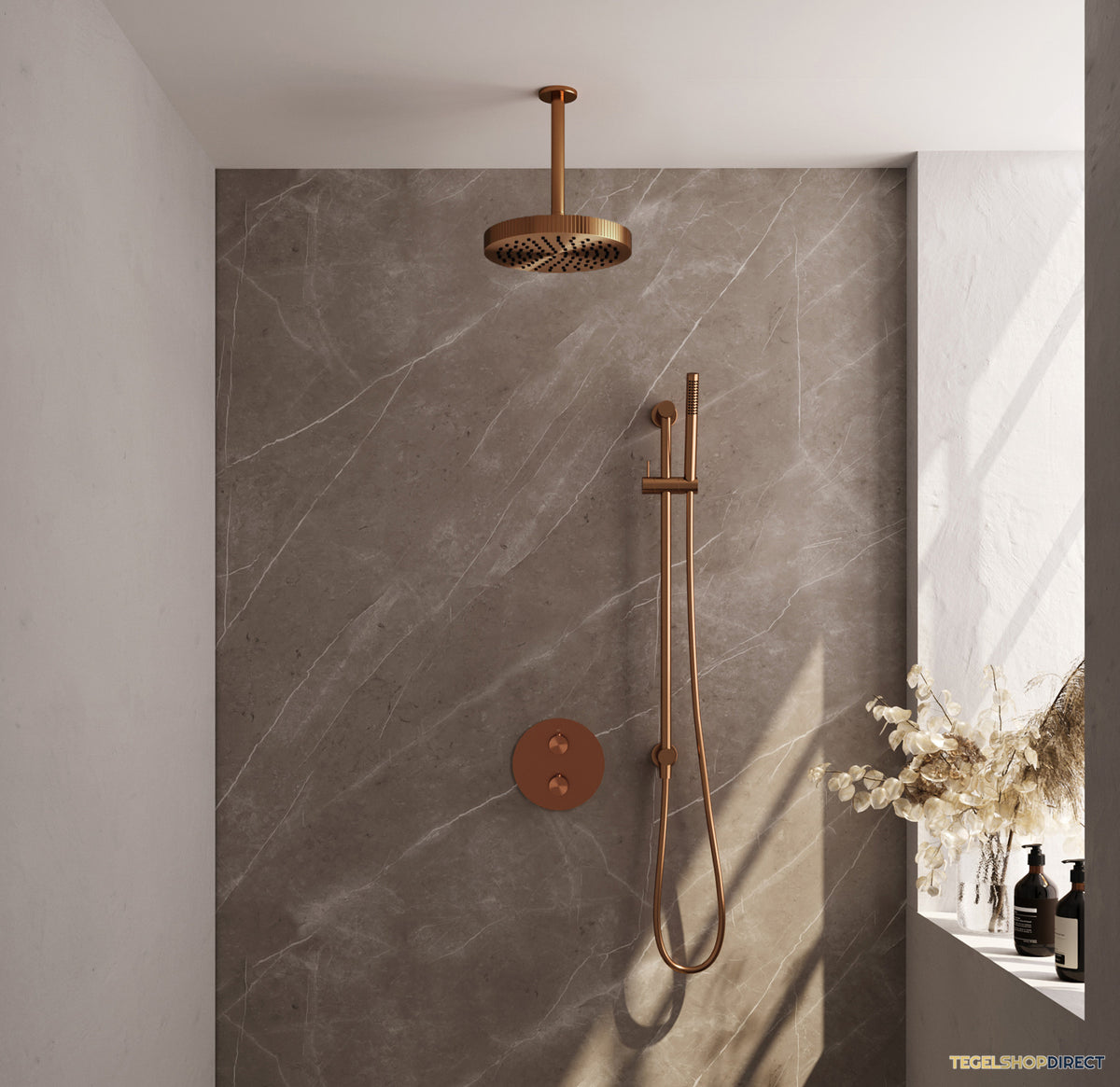 Brauer Stripe thermostatische inbouw regendouche 3-weg rond SET 45 met 25 cm douchekop en plafondarm en staaf handdouche en doucheslang en geintegreerde glijstang koper geborsteld PVD