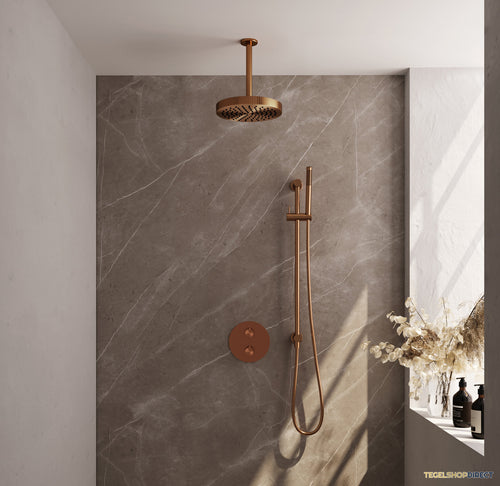 Brauer Stripe thermostatische inbouw regendouche 3-weg rond SET 45 met 25 cm douchekop en plafondarm en staaf handdouche en doucheslang en geintegreerde glijstang koper geborsteld PVD